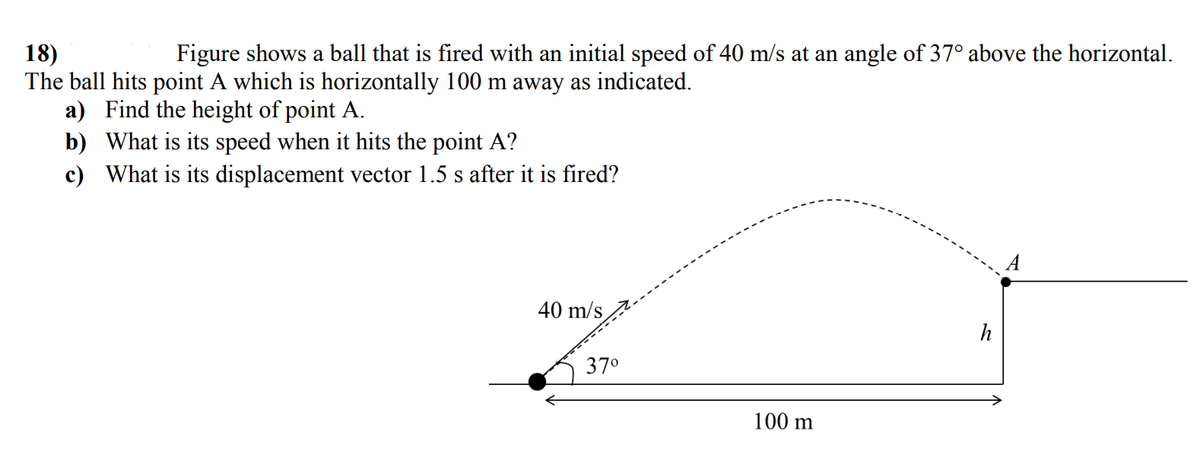 18)
The ball hits point A which is horizontally 100 m away as indicated.
a) Find the height of point A.
b) What is its speed when it hits the point A?
c) What is its displacement vector 1.5 s after it is fired?
Figure shows a ball that is fired with an initial speed of 40 m/s at an angle of 37° above the horizontal.
40 m/s
h
37°
100 m
