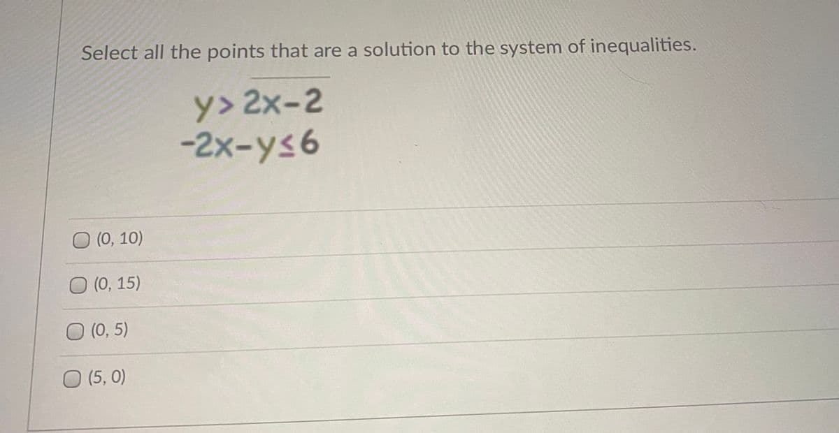 Select all the points that are a solution to the system of inequalities.
y> 2x-2
-2x-ys6
(0, 10)
O (0, 15)
O (0, 5)
O (5, 0)
