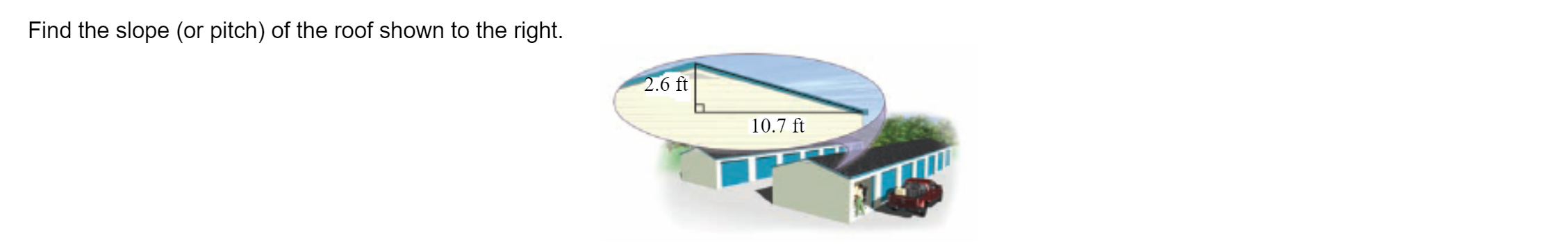 Find the slope (or pitch) of the roof shown to the right.
2.6 ft
10.7 ft

