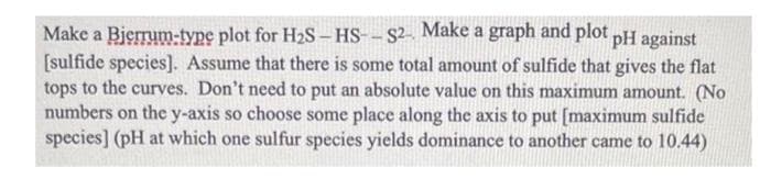 Make a Bjerrum-type plot for H2S- HS-– S²- Make a graph and plot pH against
[sulfide species]. Assume that there is some total amount of sulfide that gives the flat
tops to the curves. Don't need to put an absolute value on this maximum amount. (No
numbers on the y-axis so choose some place along the axis to put [maximum sulfide
species] (pH at which one sulfur species yields dominance to another came to 10.44)
