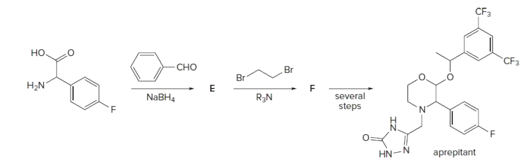 CF3
но.
CF3
CHO
Br
Br
H2N
several
NABH4
R3N
steps
HN-N
aprepitant
