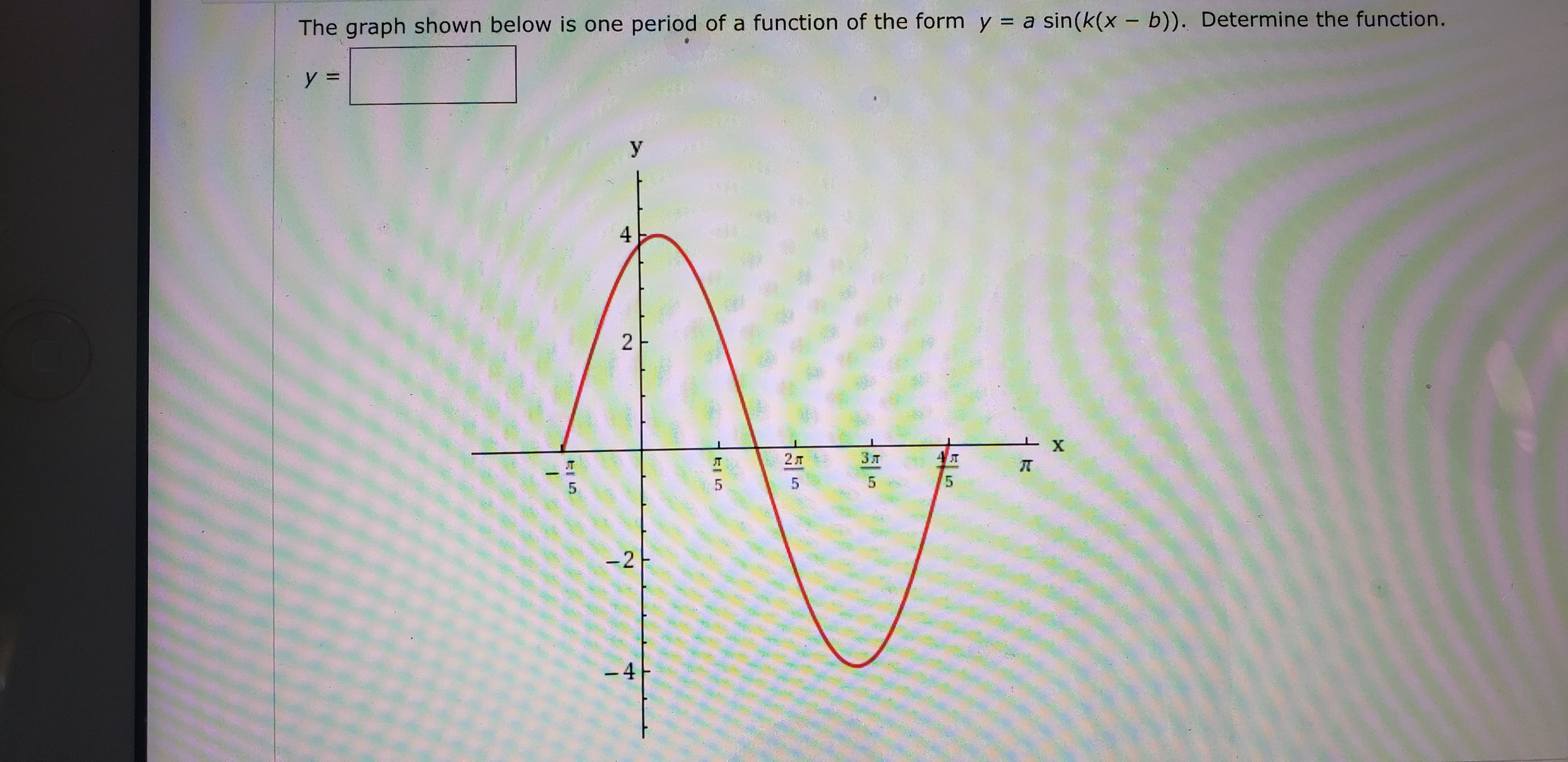 The graph shown below is one period of a function of the form y = a sin(k(x – b)). Determine the function.
%3D
