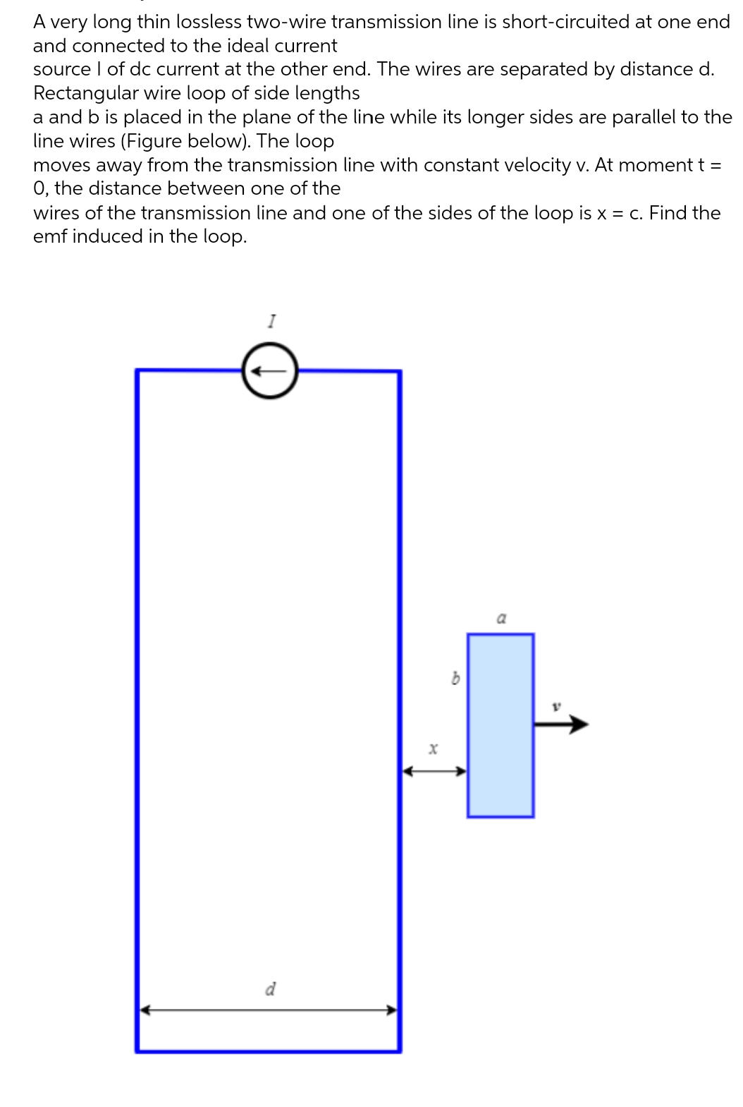 A very long thin lossless two-wire transmission line is short-circuited at one end
and connected to the ideal current
source I of dc current at the other end. The wires are separated by distance d.
Rectangular wire loop of side lengths
a and b is placed in the plane of the line while its longer sides are parallel to the
line wires (Figure below). The loop
moves away from the transmission line with constant velocity v. At moment t =
O, the distance between one of the
wires of the transmission line and one of the sides of the loop is x = c. Find the
emf induced in the loop.
I
d
X
1