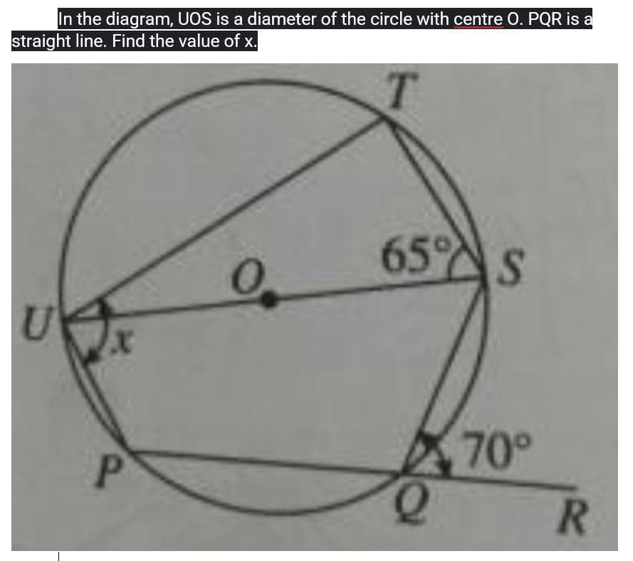 In the diagram, UOS is a diameter of the circle with centre O. PQR is a
straight line. Find the value of x.
T
U x
P
0
65% S
e
70°
R