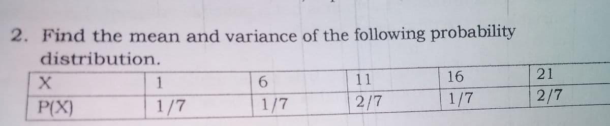 2. Find the mean and variance of the following probability
distribution.
1
6.
11
16
21
P(X)
1/7
1/7
2/7
1/7
2/7
