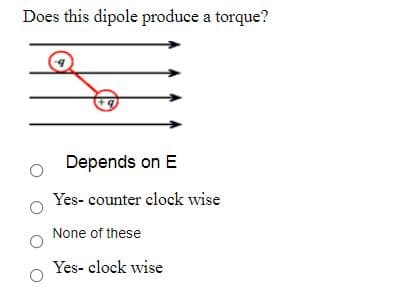 Does this dipole produce a torque?
Depends on E
Yes- counter clock wise
None of these
Yes- clock wise
