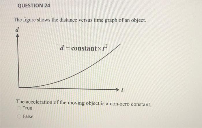 QUESTION 24
The figure shows the distance versus time graph of an object.
d
d = constantx t
The acceleration of the moving object is a non-zero constant.
OTrue
False
