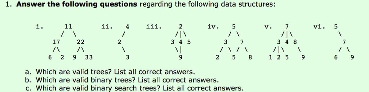 1. Answer the following questions regarding the following data structures:
i.
11
ii.
4
iii.
2
iv.
v.
7
vi.
5
/|\
3 4 5
\ |
/
3 4 8
/|\
1 2 5
17
22
2
7
7
/\ / \
6 2 9
33
2 5 8
a. Which are valid trees? List all correct answers.
b. Which are valid binary trees? List all correct answers.
c. Which are valid binary search trees? List all correct answers.

