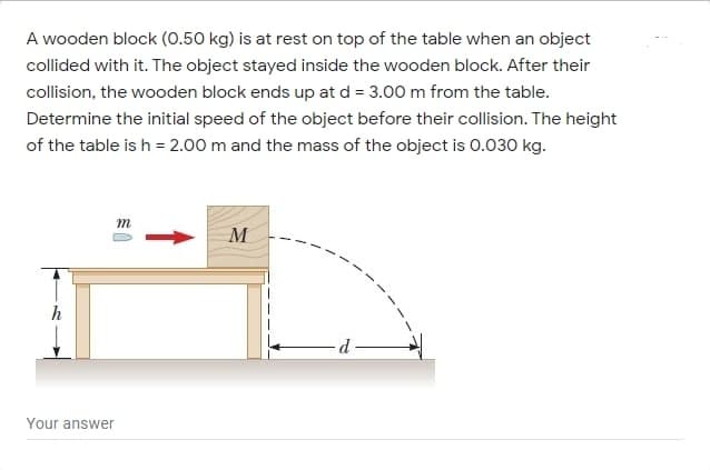A wooden block (0.50 kg) is at rest on top of the table when an object
collided with it. The object stayed inside the wooden block. After their
collision, the wooden block ends up at d = 3.00 m from the table.
Determine the initial speed of the object before their collision. The height
of the table is h = 2.00 m and the mass of the object is 0.030 kg.
m
M
Your answer
