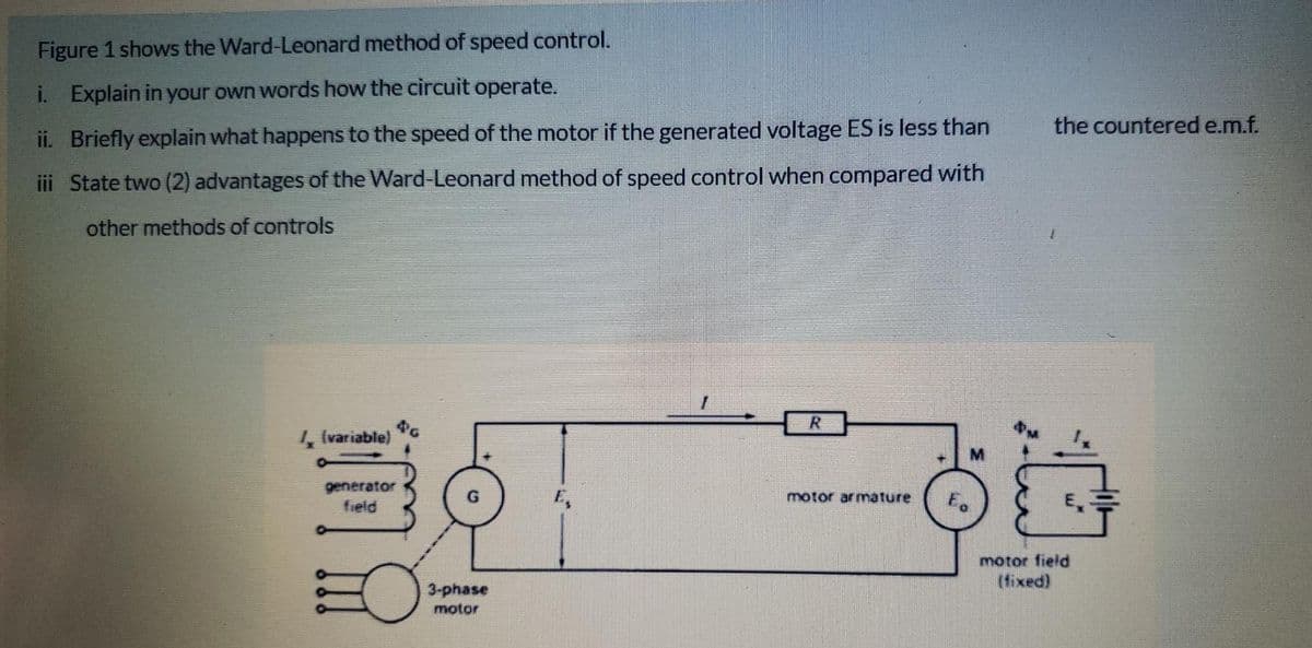 Figure 1 shows the Ward-Leonard method of speed control.
i. Explain in your own words how the circuit operate.
the counterede.m.f.
ii. Briefly explain what happens to the speed of the motor if the generated voltage ES is less than
iii State two (2) advantages of the Ward-Leonard method of speed control when compared with
other methods of controls
1, Ivariable)
generator
field
motor armnature
motor field
(fixed)
3-phase
motor
