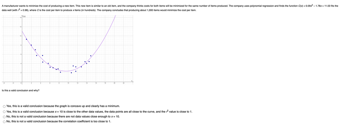 A manufacturer wants to minimize the cost of producing a new item. This new item is similar to an old item, and the company thinks costs for both items will be minimized for the same number of items produced. The company uses polynomial regression and finds the function C(x) = 0.09x – 1.78x + 11.03 fits the
-
data well (with 7 = 0.96), where C is the cost per item to produce x items (in hundreds). The company concludes that producing about 1,000 items would minimize the cost per item.
%3D
14
12
10-
8-
6
2
-4
-2
6
8
10
12
14
16
18
20
22
Is this a valid conclusion and why?
Yes, this is a valid conclusion because the graph is concave up and clearly has a minimum.
Yes, this is a valid conclusion because x = 10 is close to the other data values, the data points are all close to the curve, and the ? value is close to 1.
No, this is not a valid conclusion because there are not data values close enough to x = 10.
O No, this is not a valid conclusion because the correlation coefficient is too close to 1.
