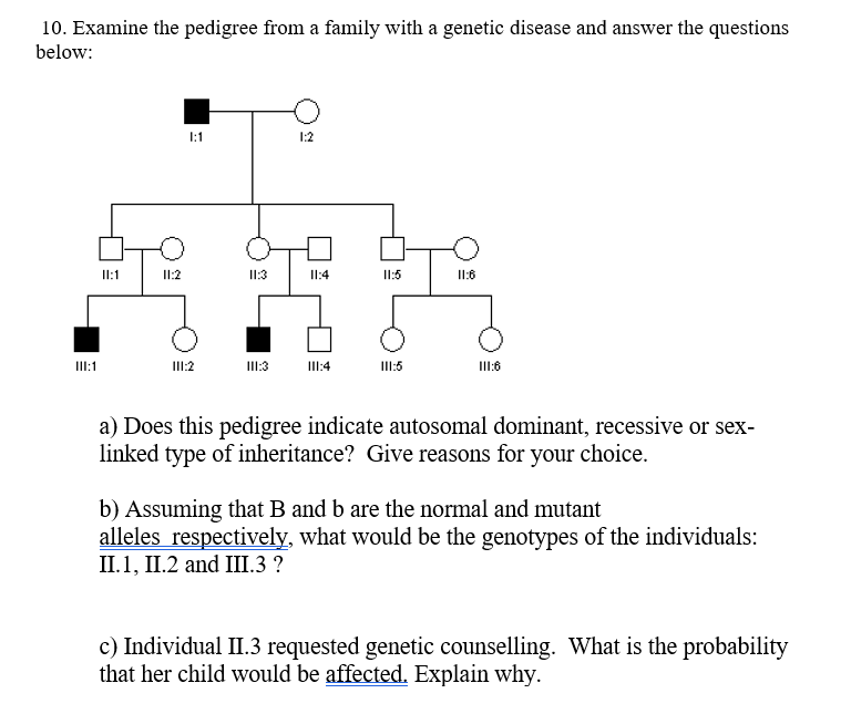 10. Examine the pedigree from a family with a genetic disease and answer the questions
below:
1:1
1:2
I1:1
II:2
I1:3
Il:4
II:5
I1:6
II:1
III:2
II:3
I:4
III:5
II:6
a) Does this pedigree indicate autosomal dominant, recessive or sex-
linked type of inheritance? Give reasons for your choice.
b) Assuming that B and b are the normal and mutant
alleles respectively, what would be the genotypes of the individuals:
II.1, II.2 and III.3 ?
c) Individual II.3 requested genetic counselling. What is the probability
that her child would be affected. Explain why.
