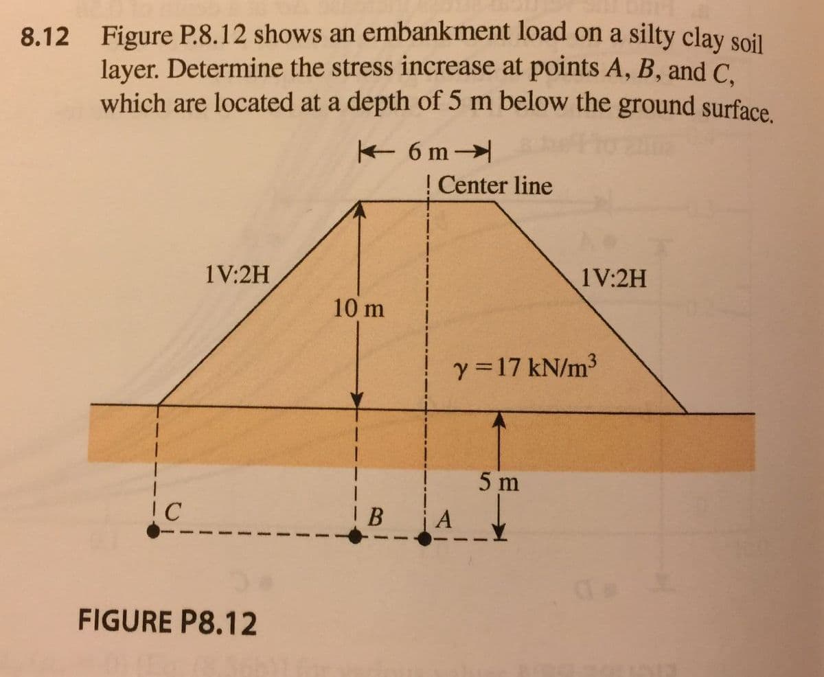 8.12 Figure P.8.12 shows an embankment load on a silty clay soil
layer. Determine the stress increase at points A, B, and C.
which are located at a depth of 5 m below the ground surface
6 m
! Center line
1V:2H
1V:2H
10 m
y =17 kN/m3
5 m
!C
FIGURE P8.12
