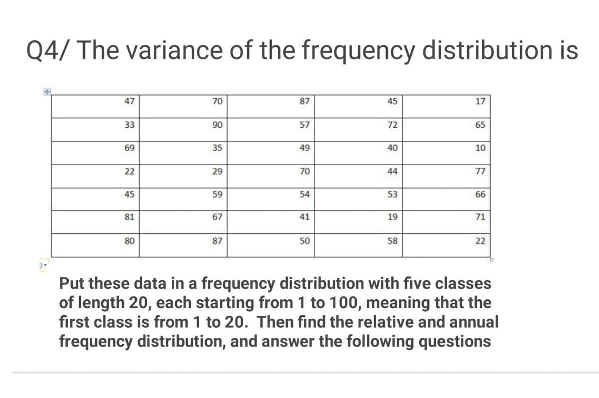 Q4/ The variance of the frequency distribution is
47
70
87
45
17
33
90
57
72
65
69
35
49
40
10
22
29
70
44
77
45
59
54
53
66
81
67
41
19
71
80
87
50
58
22
Put these data in a frequency distribution with five classes
of length 20, each starting from 1 to 100, meaning that the
fırst class is from 1 to 20. Then find the relative and annual
frequency distribution, and answer the following questions
