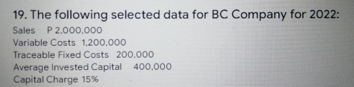 19. The following selected data for BC Company for 2022:
Sales P 2,000,000
Variable Costs 1,200,000
Traceable Fixed Costs 200,000
Average Invested Capital 400,000
Capital Charge 15%
