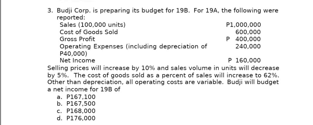 3. Budji Corp. is preparing its budget for 19B. For 19A, the following were
reported:
Sales (100,000 units)
Cost of Goods Sold
Gross Profit
P1,000,000
600,000
P 400,000
Operating Expenses (including depreciation of
P40,000)
Net Income
240,000
P 160,000
Selling prices will increase by 10% and sales volume in units will decrease
by 5%. The cost of goods sold as a percent of sales will increase to 62%.
Other than depreciation, all operating costs are variable. Budji will budget
a net income for 19B of
a. P167,100
b. P167,500
c. P168,000
d. P176,000
