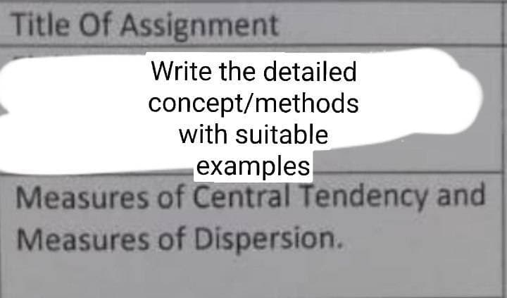 Title Of Assignment
Write the detailed
concept/methods
with suitable
examples
Measures of Central Tendency and
Measures of Dispersion.
