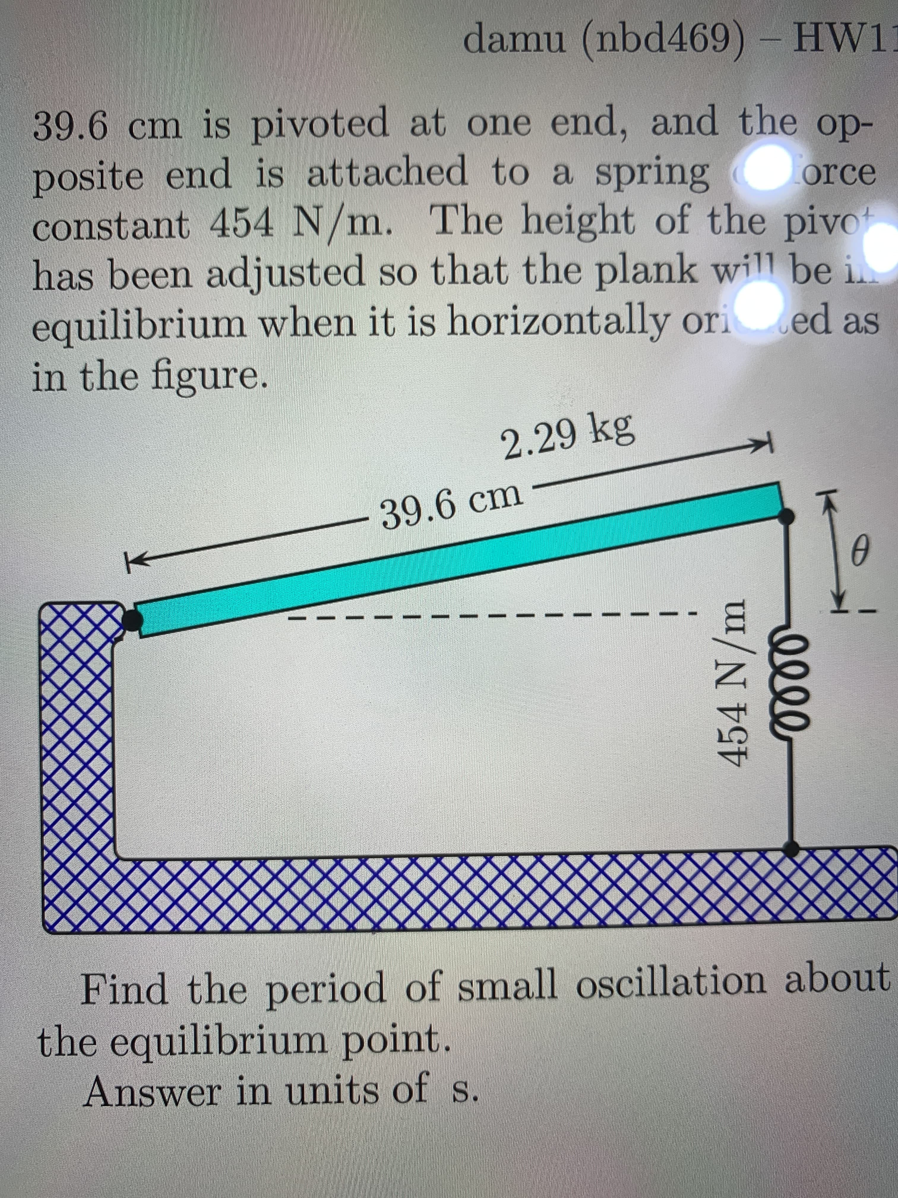 damu (nbd469)- HW11
39.6cm is pivoted at one end, and the op-
posite end is attached to a spring
constant 454 N/m. The height of the pivo
has been adjusted so that the plank wil1 be i
equilibrium when it is horizontally oried as
in the figure.
orce
2.29 kg
39.6 cm
Find the period of small oscillation about
the equilibrium point.
Answer in units of s.
454 N/m
ell
