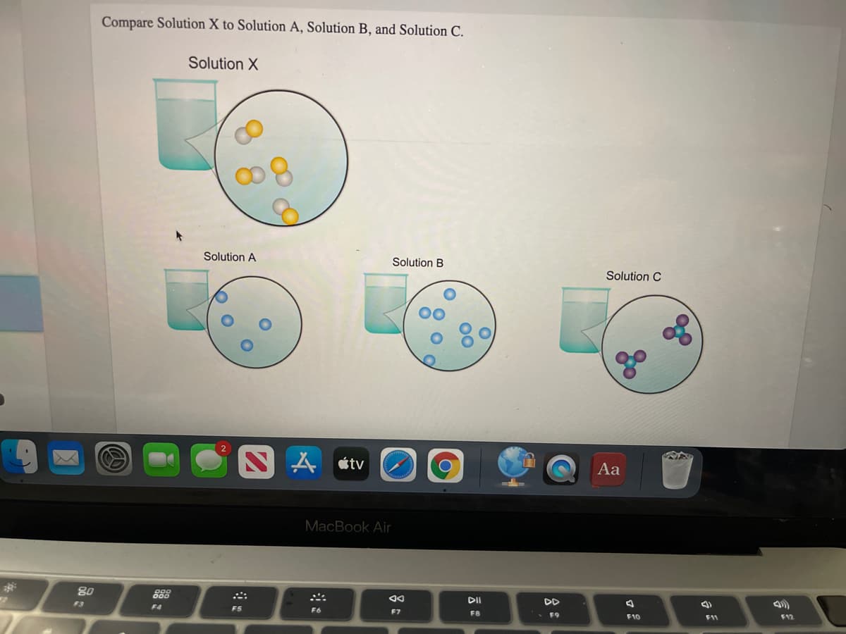 Compare Solution X to Solution A, Solution B, and Solution C.
Solution X
Solution A
Solution B
Solution C
étv
Aa
MacBook Air
80
888
F3
DI
DD
F4
F5
F6
F7
F8
F9
F10
F12
00
