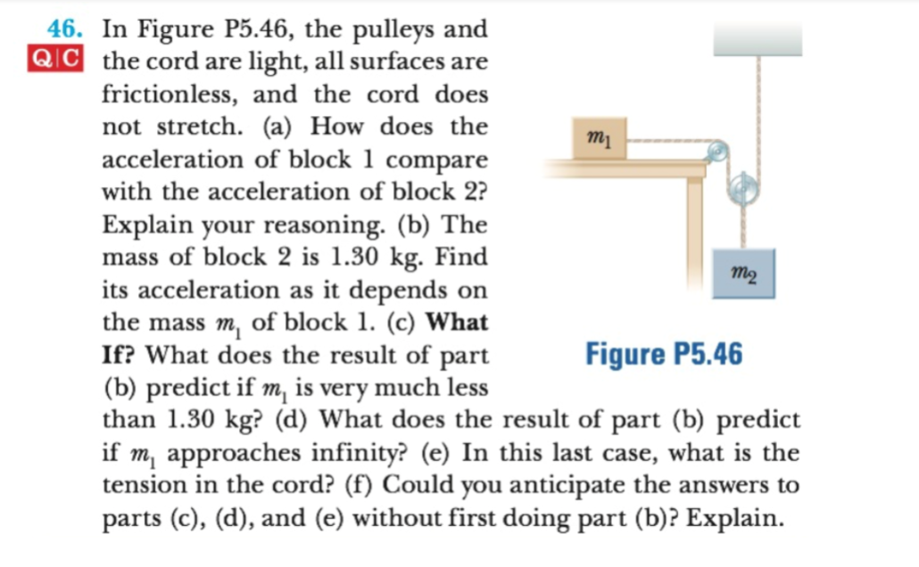 46. In Figure P5.46, the pulleys and
Q C the cord are light, all surfaces are
frictionless, and the cord does
not stretch. (a) How does the
acceleration of block 1 compare
m1
with the acceleration of block 2?
Explain your reasoning. (b) The
mass of block 2 is 1.30 kg. Find
its acceleration as it depends on
the mass m, of block 1. (c) What
If? What does the result of part
(b) predict if m is very much less
than 1.30 kg? (d) What does the result of part (b) predict
if m approaches infinity? (e) In this last case, what is the
tension in the cord? (f) Could you anticipate the answers to
parts (c), (d), and (e) without first doing part (b)? Explain
m2
Figure P5.46
