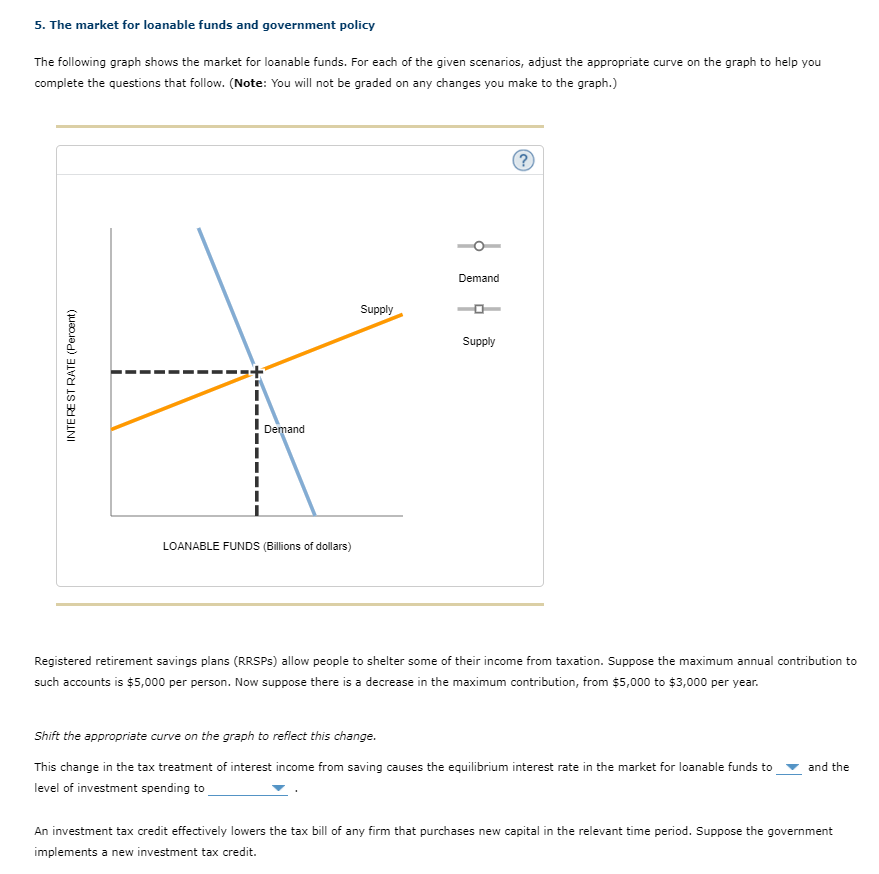 5. The market for loanable funds and government policy
The following graph shows the market for loanable funds. For each of the given scenarios, adjust the appropriate curve on the graph to help you
complete the questions that follow. (Note: You will not be graded on any changes you make to the graph.)
Demand
Supply
Supply
Demand
LOANABLE FUNDS (Billions of dollars)
Registered retirement savings plans (RRSPS) allow people to shelter some of their income from taxation. Suppose the maximum annual contribution to
such accounts is $5,000 per person. Now suppose there is a decrease in the maximum contribution, from $5,000 to $3,000 per year.
Shift the appropriate curve on the graph to reflect this change.
This change in the tax treatment of interest income from saving causes the equilibrium interest rate in the market for loanable funds to
and the
level of investment spending to
An investment tax credit effectively lowers the tax bill of any firm that purchases new capital in the relevant time period. Suppose the government
implements a new investment tax credit.
INTE RE ST RATE (Percent)
