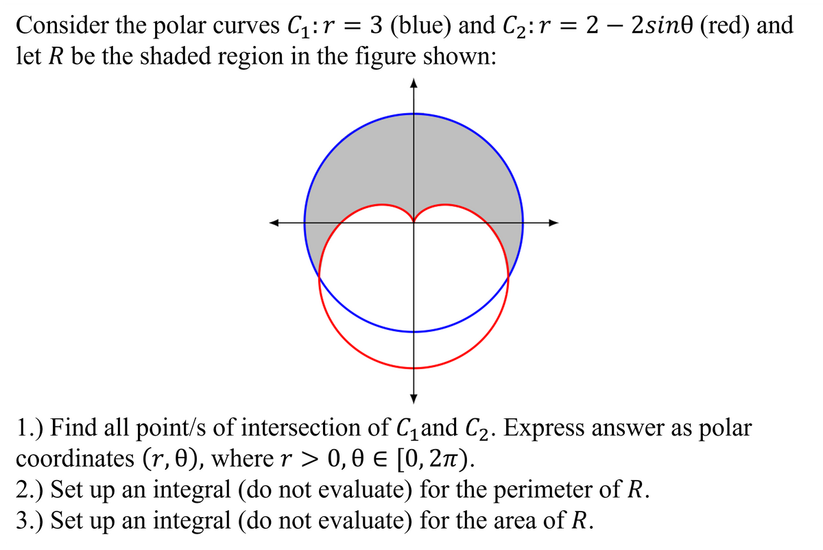 Consider the polar curves C₁: r = 3 (blue) and C₂:r = 2 - 2sine (red) and
let R be the shaded region in the figure shown:
1.) Find all point/s of intersection of C₁and C₂. Express answer as polar
coordinates (r, 0), where r > 0, 0 € [0, 2π).
2.) Set up an integral (do not evaluate) for the perimeter of R.
3.) Set up an integral (do not evaluate) for the area of R.
