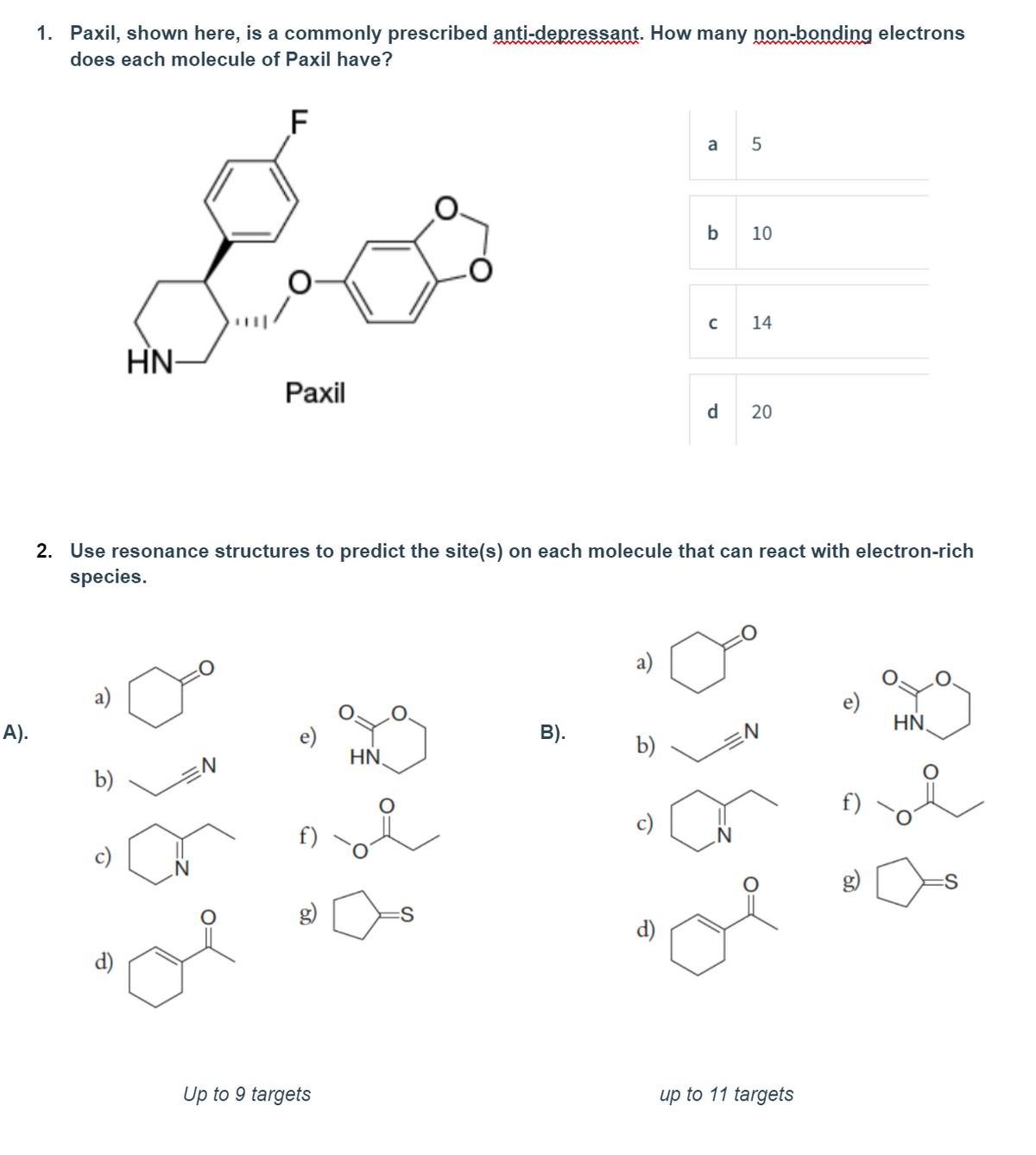 1. Paxil, shown here, is a commonly prescribed anti-depressant. How many non-bonding electrons
does each molecule of Paxil have?
F
a
b
10
14
HN-
Paxil
d
2. Use resonance structures to predict the site(s) on each molecule that can react with electron-rich
species.
a)
a)
A).
HN,
e)
HN,
B).
N:
b)
b)
f)
c)
g)
Up to 9 targets
up to 11 targets
20
