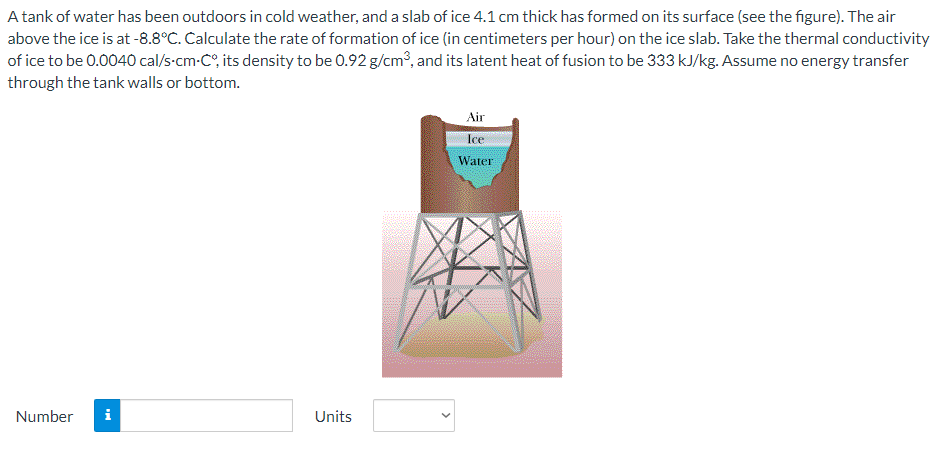 A tank of water has been outdoors in cold weather, and a slab of ice 4.1 cm thick has formed on its surface (see the figure). The air
above the ice is at -8.8°C. Calculate the rate of formation of ice (in centimeters per hour) on the ice slab. Take the thermal conductivity
of ice to be 0.0040 cal/s-cm-Co, its density to be 0.92 g/cm³, and its latent heat of fusion to be 333 kJ/kg. Assume no energy transfer
through the tank walls or bottom.
Air
Ice
Water
Number
i
Units
