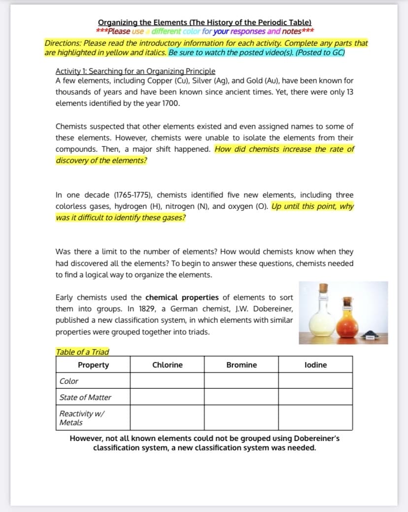 Organizing the Elements (The History of the Periodic Table)
***Please use a different color for your responses and notes***
Directions: Please read the introductory information for each activity. Complete any parts that
are highlighted in yellow and italics. Be sure to watch the posted video(s). (Posted to GC)
Activity 1: Searching for an Organizing Principle
A few elements, including Copper (Cu), Silver (Ag), and Gold (Au), have been known for
thousands of years and have been known since ancient times. Yet, there were only 13
elements identified by the year 1700.
Chemists suspected that other elements existed and even assigned names to some of
these elements. However, chemists were unable to isolate the elements from their
compounds. Then, a major shift happened. How did chemists increase the rate of
discovery of the elements?
In one decade (1765-1775), chemists identified five new elements, including three
colorless gases, hydrogen (H), nitrogen (N), and oxygen (O). Up until this point, why
was it difficult to identify these gases?
Was there a limit to the number of elements? How would chemists know when they
had discovered all the elements? To begin to answer these questions, chemists needed
to find a logical way to organize the elements.
Early chemists used the chemical properties of elements to sort
them into groups. In 1829, a German chemist, J.W. Dobereiner,
published a new classification system, in which elements with similar
properties were grouped together into triads.
Table of a Triad
Property
Chlorine
Bromine
lodine
Color
State of Matter
Reactivity w/
Metals
However, not all known elements could not be grouped using Dobereiner's
classification system, a new classification system was needed.
