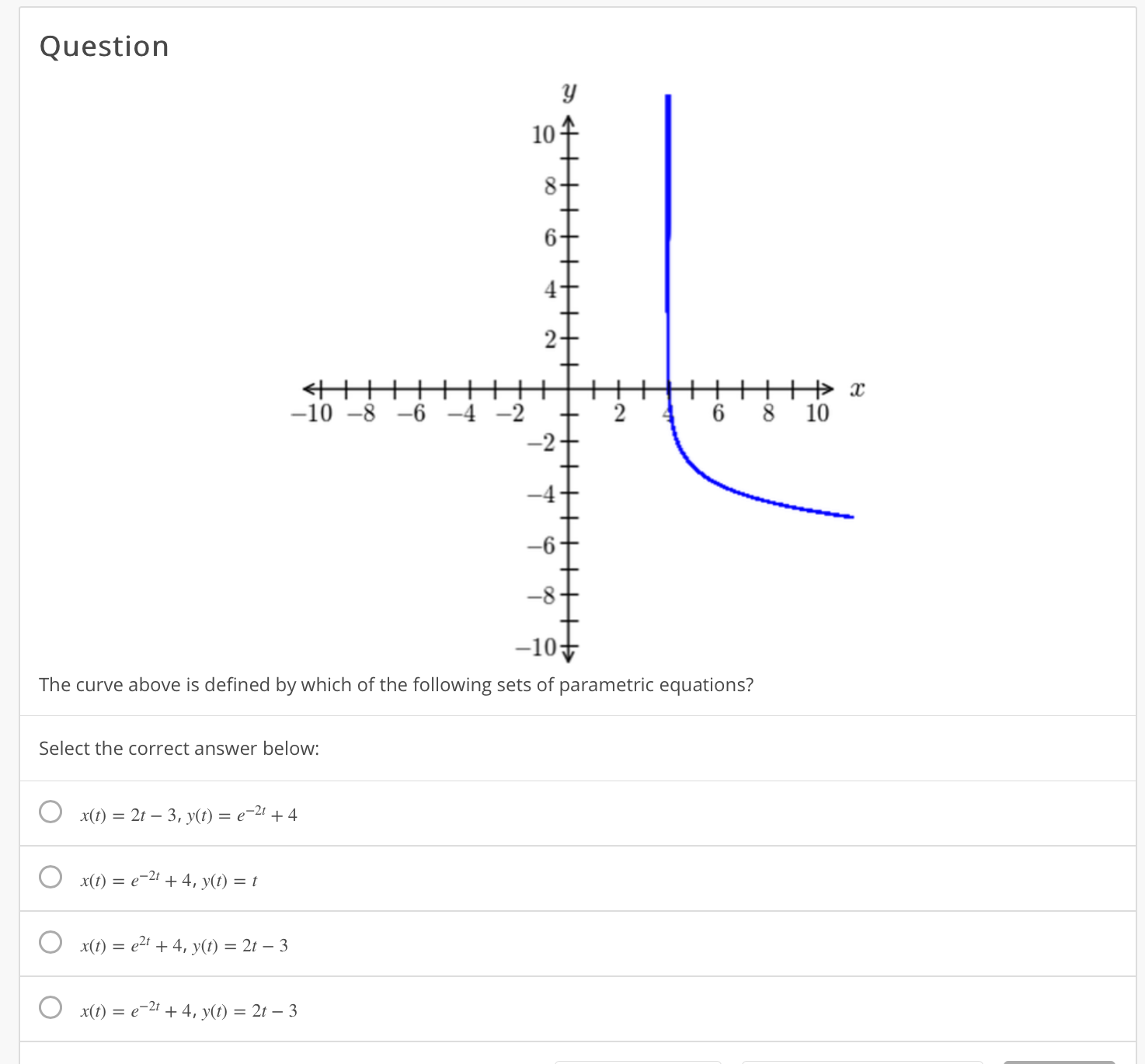 -10+
The curve above is defined by which of the following sets of parametric equations?
