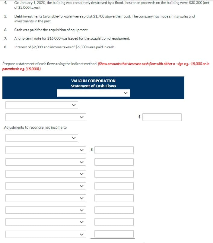 4.
5.
6.
7.
8.
On January 1, 2020, the building was completely destroyed by a flood. Insurance proceeds on the building were $30,300 (net
of $2,000 taxes).
Debt investments (available-for-sale) were sold at $1,700 above their cost. The company has made similar sales and
investments in the past.
Cash was paid for the acquisition of equipment.
A long-term note for $16,000 was issued for the acquisition of equipment.
Interest of $2,000 and income taxes of $6,500 were paid in cash.
Prepare a statement of cash flows using the indirect method. (Show amounts that decrease cash flow with either a-sign e.g.-15,000 or in
parenthesis e.g. (15,000).)
Adjustments to reconcile net income to
VAUGHN CORPORATION
Statement of Cash Flows
>
<
<
> >
SA
69