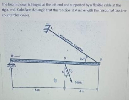 The beam shown is hinged at the left end and supported by a flexible cable at the
right end. Calculate the angle that the reaction at A make with the horizontal (positive
counterclockwise).
Flexible Cable
30"
12
260 N
4m
6m
