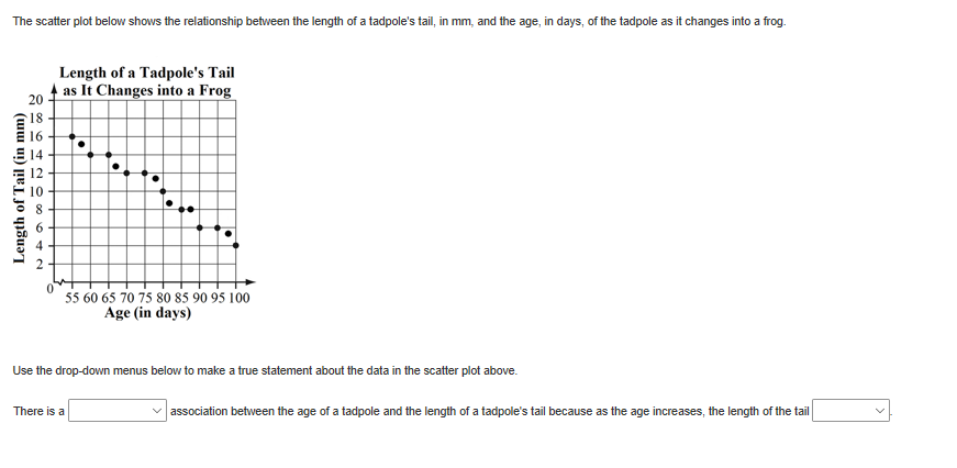 The scatter plot below shows the relationship between the length of a tadpole's tail, in mm, and the age, in days, of the tadpole as it changes into a frog.
Length of a Tadpole's Tail
as It Changes into a Frog
20
18
16
E 14
10
6.
55 60 65 70 75 80 85 90 95 100
Age (in days)
Use the drop-down menus below to make a true statement about the data in the scatter plot above.
There is a
v association between the age of a tadpole and the length of a tadpole's tail because as the age increases, the length of the tail
Length of Tail (in mm)
