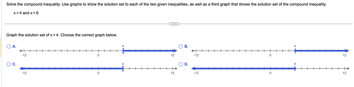 Solve the compound inequality. Use graphs to show the solution set to each of the two given inequalities, as well as a third graph that shows the solution set of the compound inequality.
x>4 and x>6
Graph the solution set of x>4. Choose the correct graph below.
A.
O C.
←
-12
-12
0
0
4
4
12
12
B.
-12
-12
0
0
4
4
12
12