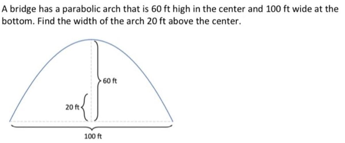 A bridge has a parabolic arch that is 60 ft high in the center and 100 ft wide at the
bottom. Find the width of the arch 20 ft above the center.
60 ft
20 ft
100 ft
