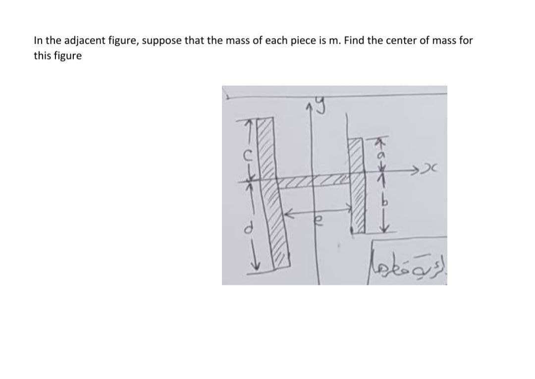 In the adjacent figure, suppose that the mass of each piece is m. Find the center of mass for
this figure
