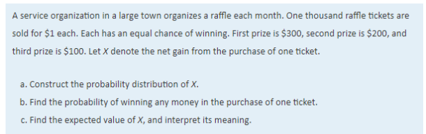 A service organization in a large town organizes a raffle each month. One thousand raffle tickets are
sold for $1 each. Each has an equal chance of winning. First prize is $300, second prize is $200, and
third prize is $100. Let X denote the net gain from the purchase of one ticket.
a. Construct the probability distribution of X.
b. Find the probability of winning any money in the purchase of one ticket.
c. Find the expected value of X, and interpret its meaning.
