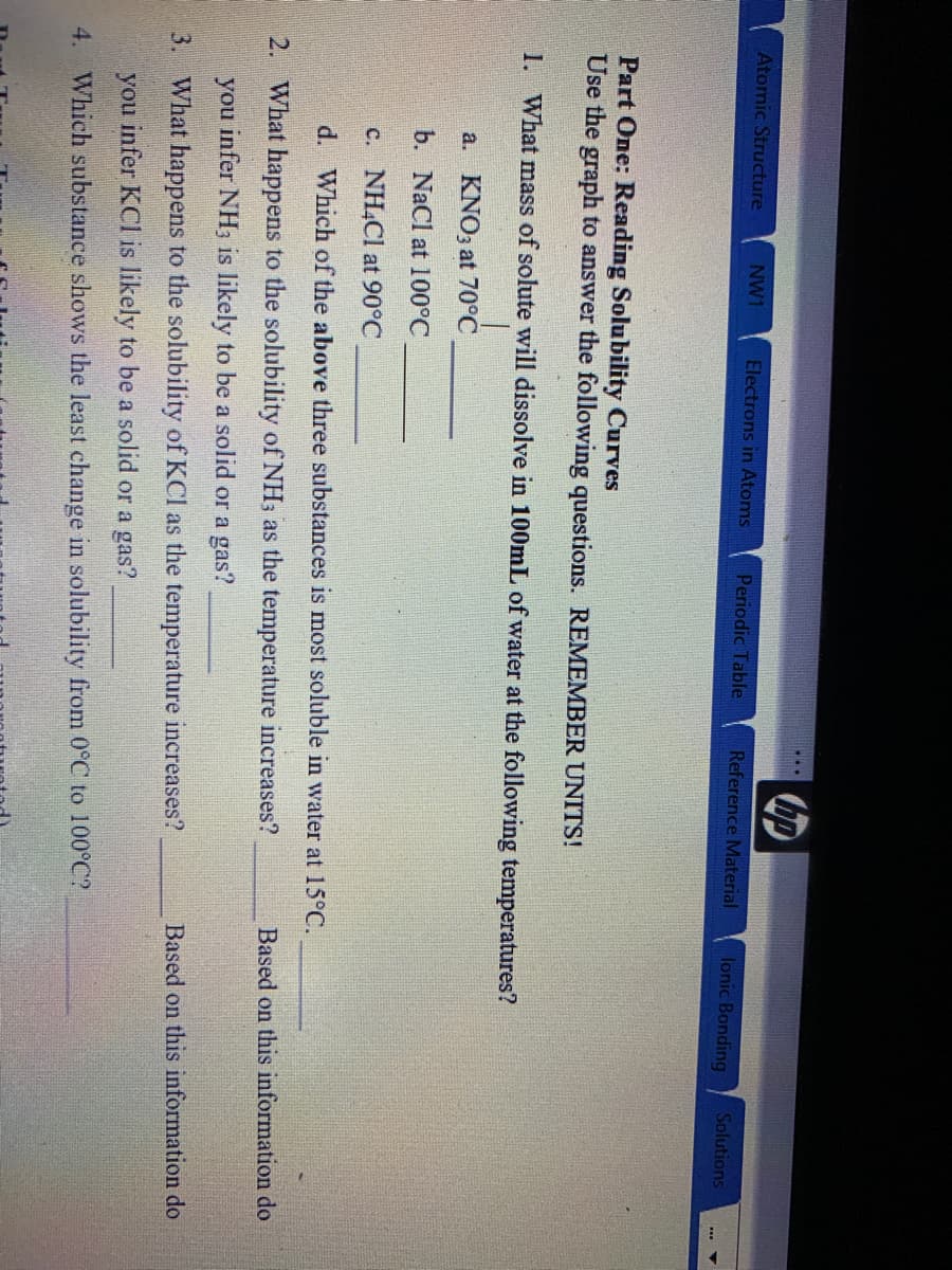 Atomic Structure
NW1
Electrons in Atoms
Periodic Table
Reference Material
Solutions
lonic Bonding
Part One: Reading Solubility Curves
Use the graph to answer the following questions. REMEMBER UNITS!
1. What mass of solute will dissolve in 100ML of water at the following temperatures?
a. KNO3 at 70°C
b. NaCl at 100°C
c. NH,Cl at 90°C
d. Which of the above three substances is most soluble in water at 15°C.
2. What happens to the solubility of NH3 as the temperature increases?
Based on this information do
you infer NH3 is likely to be a solid or a gas?
Based on this information do
3. What happens to the solubility of KCl as the temperature increases?
you infer KCl is likely to be a solid or a gas?
4. Which substance shows the least change in solubility from 0°C to 100°C?
