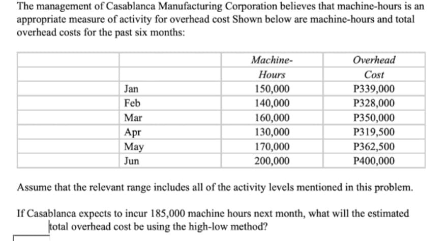 The management of Casablanca Manufacturing Corporation believes that machine-hours is an
appropriate measure of activity for overhead cost Shown below are machine-hours and total
overhead costs for the past six months:
Machine-
Overhead
Нours
Cost
Jan
150,000
P339,000
Feb
140,000
P328,000
Mar
160,000
P350,000
130,000
P319,500
Apr
Мay
170,000
P362,500
Jun
200,000
P400,000
Assume that the relevant range includes all of the activity levels mentioned in this problem.
If Casablanca expects to incur 185,000 machine hours next month, what will the estimated
total overhead cost be using the high-low method?

