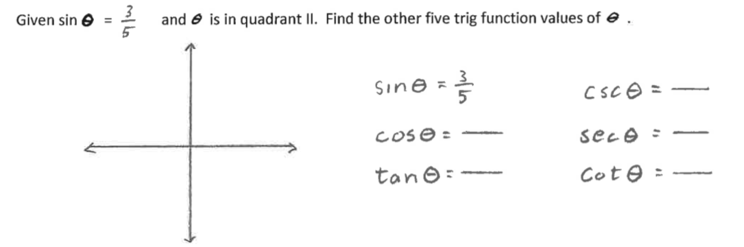 Given sin ☺
and O is in quadrant II. Find the other five trig function values
Sine =
CsC =
cOse =
seco :
tane: -
Cote :
