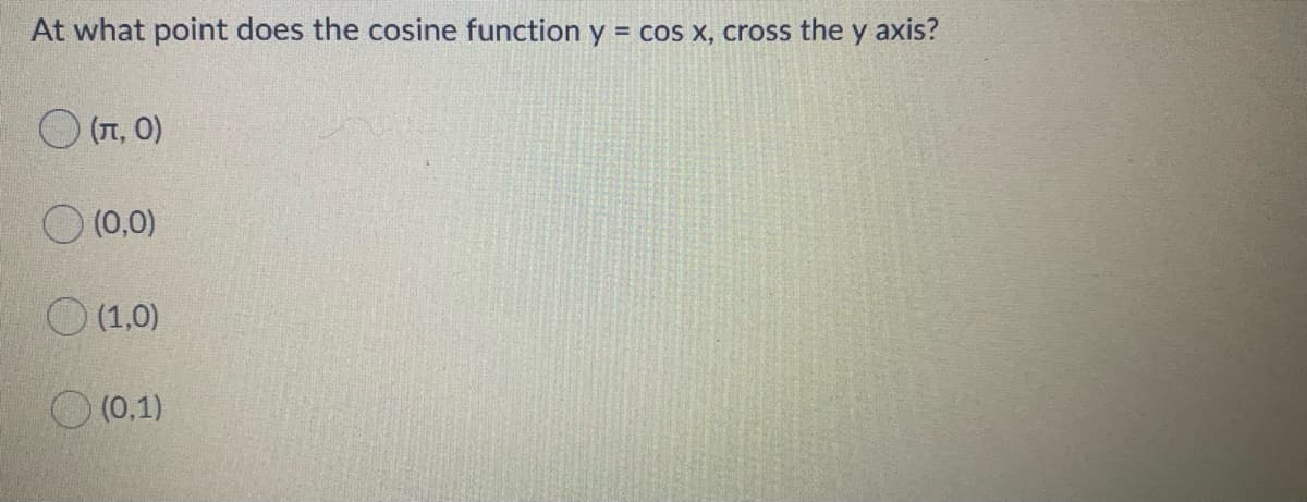 At what point does the cosine function y = cos x, cross the y axis?
O (T, 0)
O (0,0)
O (1,0)
O (0,1)
