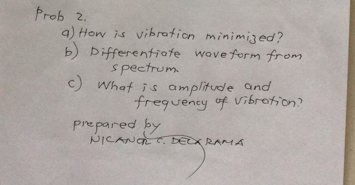 Prob 2.
9) How is viation minimized?
b) Differentiate wave form from
spectrum.
C) What is amplitude and
frequency of vibration?
prepared by
NICANO c.DECARAMA
