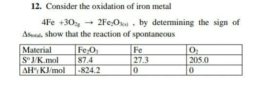 12. Consider the oxidation of iron metal
4Fe +302g → 2Fe,Ox) . by determining the sign of
Astotal, show that the reaction of spontaneous
Material
S° J/K.mol
AH° KJ/mol
Fe O3
87.4
-824.2
Fe
02
205.0
27.3
