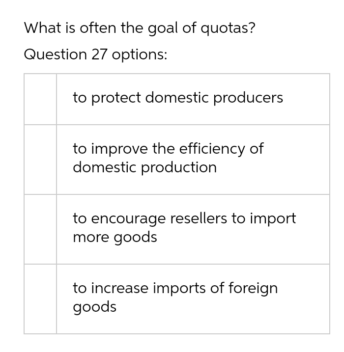 What is often the goal of quotas?
Question 27 options:
to protect domestic producers
to improve the efficiency of
domestic production
to encourage resellers to import
more goods
to increase imports of foreign
goods
