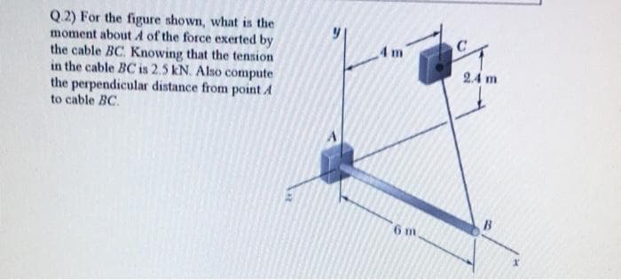 Q.2) For the figure shown, what is the
moment about A of the force exerted by
the cable BC. Knowing that the tension
in the cable BC is 2.5 kN. Also compute
the perpendicular distance from point A
to cable BC.
4m
2.4 m
6 m
