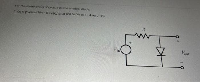 For the diode circult shown, assume an ideal diode.
f Vin is given as Vin - 8 sin(t), what will be Vo at t=4 seconds?
R.
Vout
