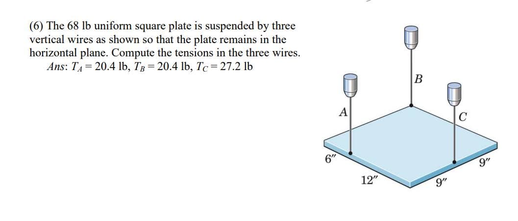 (6) The 68 lb uniform square plate is suspended by three
vertical wires as shown so that the plate remains in the
horizontal plane. Compute the tensions in the three wires.
Ans: TA= 20.4 lb, TB = 20.4 lb, Tc= 27.2 lb
В
A
C
6"
9"
12"
