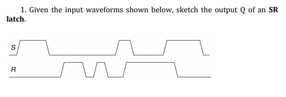 1. Given the input waveforms shown below, sketch the output Q of an SR
latch.
