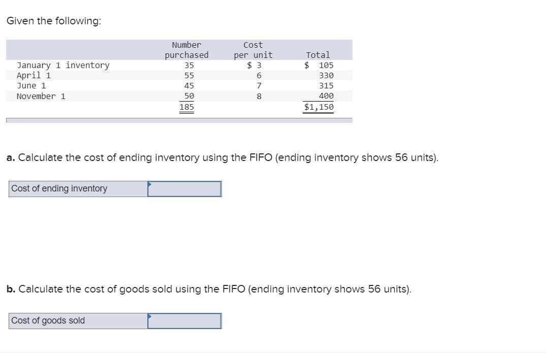 Given the following:
Number
Cost
per unit
$ 3
Total
$ 105
purchased
January 1 inventory
April 1
35
55
6.
330
June 1
45
315
November 1
50
400
185
$1,150
a. Calculate the cost of ending inventory using the FIFO (ending inventory shows 56 units).
Cost of ending inventory
b. Calculate the cost of goods sold using the FIFO (ending inventory shows 56 units).
Cost of goods sold
