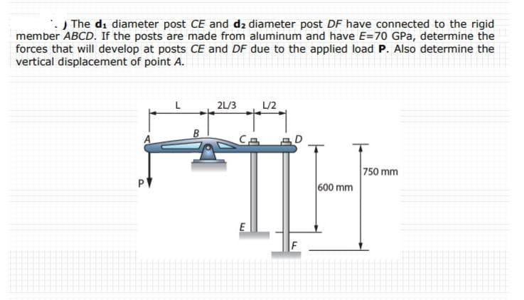 ) The di diameter post CE and d2 diameter post DF have connected to the rigid
member ABCD. If the posts are made from aluminum and have E=70 GPa, determine the
forces that will develop at posts CE and DF due to the applied load P. Also determine the
vertical displacement of point A.
2L/3
L/2
Ca
750 mm
P
600 mm
E
